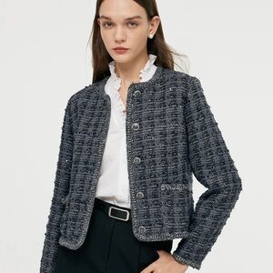 Goelia Wool Blend Tweed Sequins Women Crop Jacket Smoke Grey